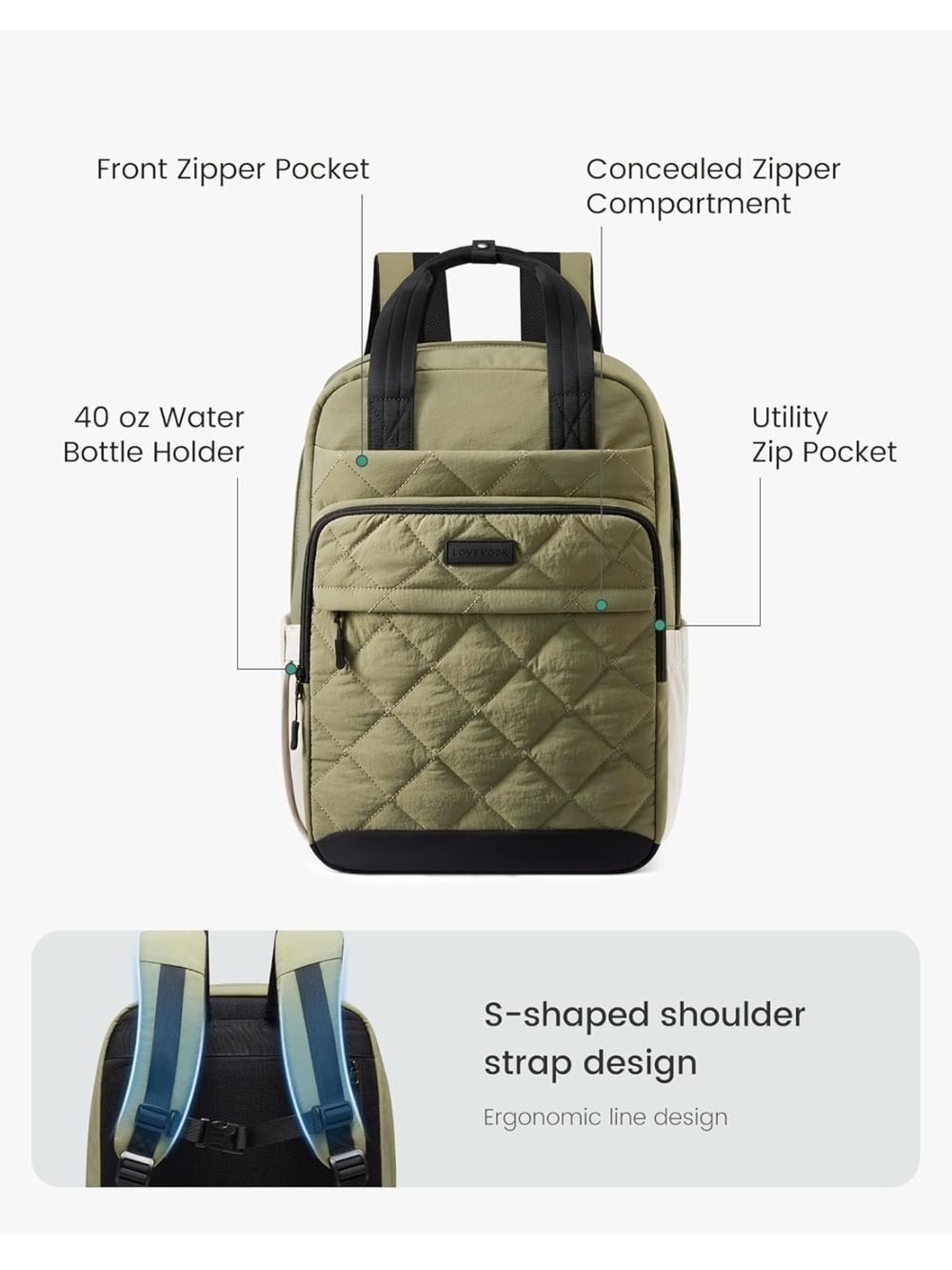 Olive Quilted Backpack with Black Straps - Picture 4 of 6
